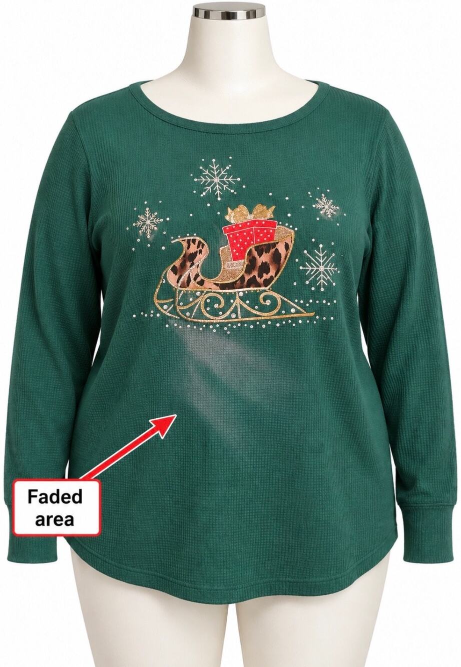 Quacker Factory Plus Christmas Waffle thermal green embroidered shirt top 2X